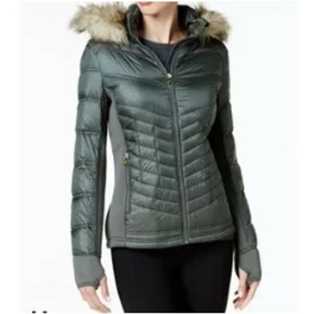 Michael Kors Womens Puffer Jacket Olive Green Snakeskin Faux Fur Hood XXL
